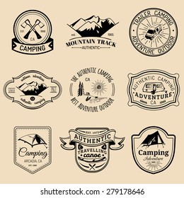 Vector set of vintage camping logos. Tourism emblems or badges. Retro signs collection of outdoor adventures.