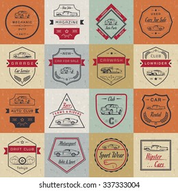 Vector set of vintage car symbols and sign. Car service and car sale retro labels, logos and badges. Collection of auto design elements, frames, ribbons and emblems
