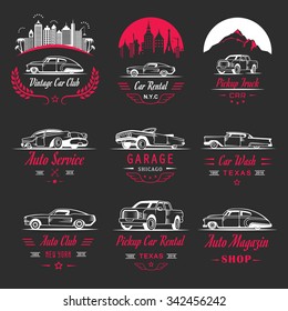 Vector set of vintage car symbols and sign. Car service and car sale retro labels, logos and badges. Collection of auto design elements, frames, ribbons and emblems