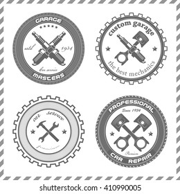 Vector set vintage car symbols. Car service and car sale retro labels and icons. Vintage collection of car related signs and symbols with various design elements, ribbons and emblems.
