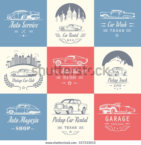 Vector set of vintage car\
symbols and sign. Car service and car sale retro labels, logos and\
badges. Collection of auto design elements, frames, ribbons and\
emblems