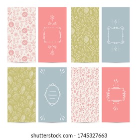 Vector set of vintage card templates. use for Save The Date, baby shower, mothers day, valentines day, birthday cards, invitations. Hand drawn flowers, patterns, frames for your text