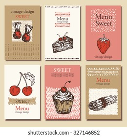Vector set. Vintage cards with cake, strawberry, cherry and other sweets. hipster stale. . hand drawn