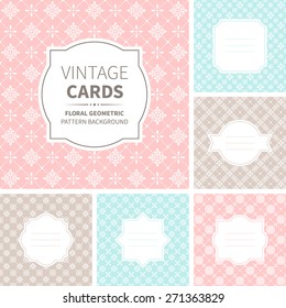 Vector set of vintage cards. Design templates with geometric badges and labels on floral ornate backgrounds. Abstract seamless pattern.