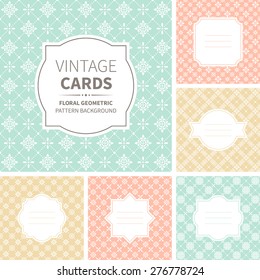 Vector set of vintage cards. Design templates with geometric badges and labels on floral ornate backgrounds. Abstract seamless pattern.