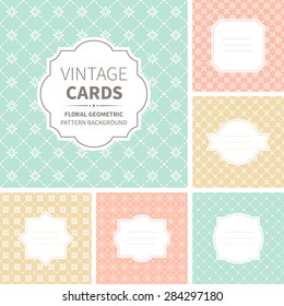 Vector set of vintage cards. Design templates with geometric badges and labels on floral ornate backgrounds. Abstract seamless pattern.