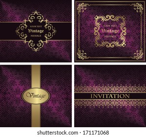 Vector set. Vintage cards on seamless background in violet. Can be used as a invitation   