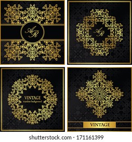 Vector set of vintage cards. Seamless floral background with a gold decoration. Retro style   