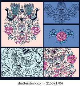 vector set of vintage cards with skulls,peacocks and roses