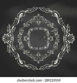 Vector set of vintage chalk frames. Circle frames and page decorations on blackboard background. There is place for your text in the center.
