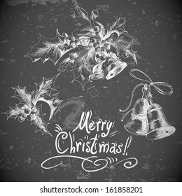 Vector set: vintage Christmas design elements for retro design with Holly and bell   Old paper texture