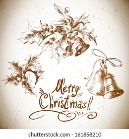 Vector set: vintage Christmas design elements for retro design with Holly and bell   Old paper texture