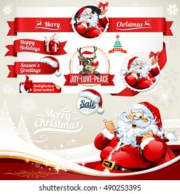 Vector set of vintage Christmas labels, badges and banners with cartoon Santa Claus character, present, tree, hat and reindeer retro illustrations. Calligraphic and typographic design elements.