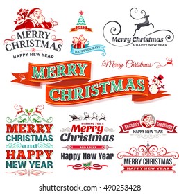 Vector set of vintage Christmas labels, badges and banners with Santa Claus, present,  tree, sleigh and reindeer retro illustrations. Set of calligraphic and typographic design elements.