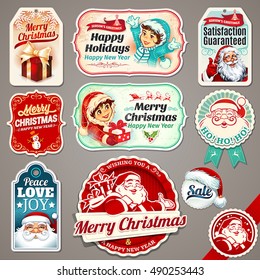 Vector set of vintage Christmas labels, badges and banners with Santa Claus, present, children, tree, sleigh, reindeer and hat retro illustrations. Set of calligraphic and typographic design elements.