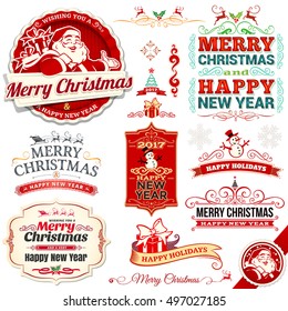 Vector Set Of Vintage Christmas Labels, Badges And Banners With Santa Claus, Present, Tree, Sleigh And Reindeer Illustrations In Retro Style. Set Of Calligraphic And Typographic Design Elements.