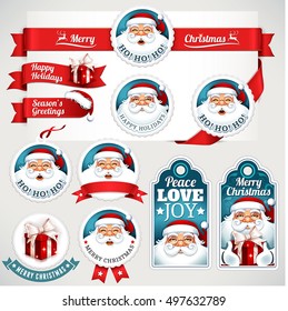 Vector set of vintage Christmas labels, badges and banners with Santa Claus, present, hat and reindeer illustrations in retro style. Set of calligraphic and typographic decorative design elements.