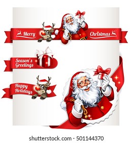 Vector set of vintage Christmas labels, badges and banners with Santa Claus, present and reindeer illustrations in retro style. Set of calligraphic and typographic decorative design elements.