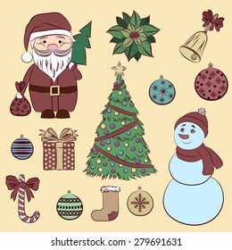 Vector set vintage Christmas and New Year's decorative elements. Santa Claus, Christmas tree, Snowman and ets. Suitable for various designs, invitation, thank you card and wrapping paper pattern