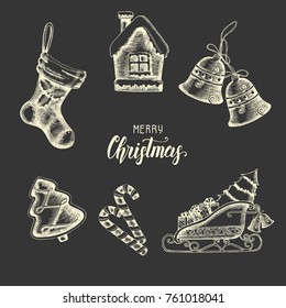 Vector set of vintage Christmas objects and symbols. Doodle gingerbread, bells, Santa's sleigh, sock  on black. Sketch. Hand drawn lettering. Merry Christmas and Happy New Year.