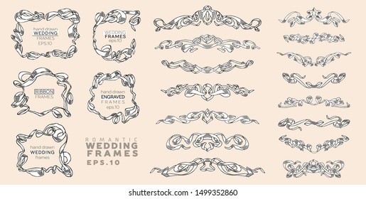 Vector Set of Vintage Classic Engraved Frames and Dividers Hand Drawn in Art Nouveau Style