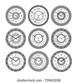 Vector set of vintage clocks. Monochrome pictures isolated. Symbols of time. Clock time with arrow and antique number dial illustration