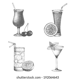 Vector set of vintage cocktails with berries and fruits. Hand drawn cocktail illustrations