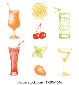 Vector set of vintage cocktails with berries and fruits. Hand drawn cocktail illustrations