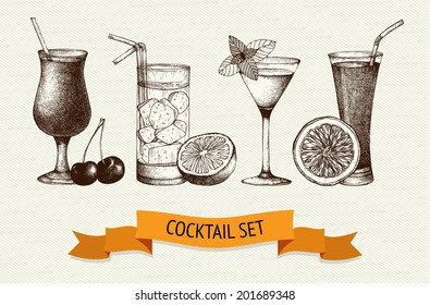 Vector set of vintage cocktails with berries and fruits. Ink hand drawn cocktail illustrations