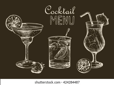 Vector set of vintage cocktails with berries and fruits. Ink hand drawn cocktail illustrations.  Cocktails Menu Card Design template.