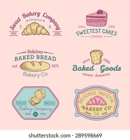 Vector set of vintage color bakery logos. Retro emblems collection with sweet cookie: biscuit, cupcake, muffin, croissant. Hipster pastry icons. Desert elements. Loaf and bread isolated.