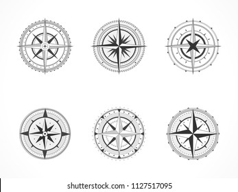 Vector set of vintage compasses or marine wind roses. Collection in line art style. Black line. Isolated on white background.