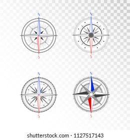 Vector set of vintage compasses or marine wind roses. Collection in line art style. Isolated on transparent background. Black line with the marked color the basic directions North and South.