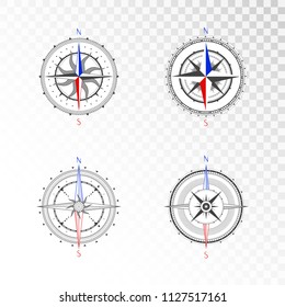 Vector set of vintage compasses or marine wind roses. Collection in line art style. Isolated on transparent background. Black line with the marked color the basic directions North and South.