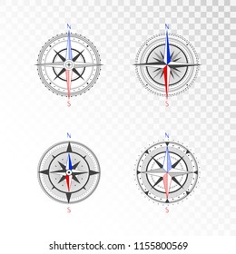 Vector set of vintage compasses or marine wind roses. Collection in line art style. Isolated on transparent background. Black line with the marked color the basic directions North and South.