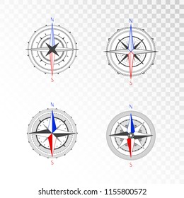 Vector set of vintage compasses or marine wind roses. Collection in line art style. Isolated on transparent background. Black line with the marked color the basic directions North and South.