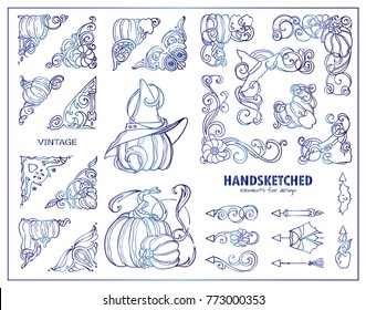 Vector set of vintage corners, dividers in blue watercolor style. Pumpkins, witch hats, candles, bat, broom, owl, apples and more abstract space elements for design