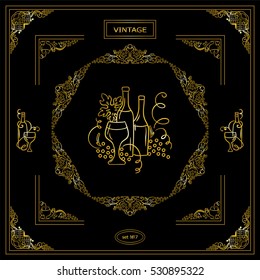 Vector set of vintage corners and frame. Ornamental vignette, arrows, label, square corners, restaurant menu or wine card decoration. Vine, grapes, bottles, glass elements. Premium gold color on black