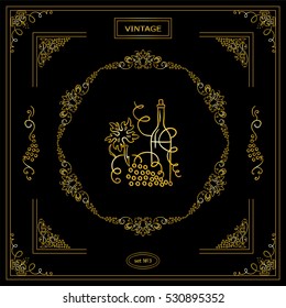 Vector set of vintage corners and frame. Ornamental vignette, arrows, label, square corners, restaurant menu or wine card decoration. Vine, grapes, bottles, glass elements. Premium gold color on black