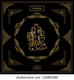Vector set of vintage corners and frame. Ornamental vignette, arrows, label, square corners, restaurant menu or wine card decoration. Vine, grapes, bottles, glass elements. Premium gold color on black