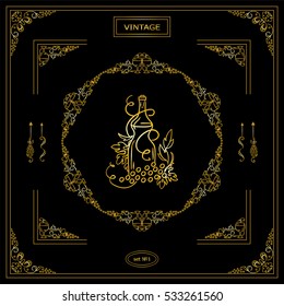 Vector set of vintage corners and frame. Ornamental vignette, arrows, label, square corners, restaurant menu or wine card decoration. Vine, grapes, bottles, glass elements. Premium gold color