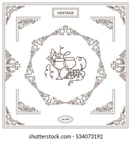 Vector set of vintage corners and frame. Ornamental vignette, arrows, label, square corners, restaurant menu or wine card decoration. Vine, grapes, bottles of wine, glass sketch elements. Sepia color