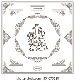 Vector set of vintage corners and frame. Ornamental vignette, arrows, label, square corners, restaurant menu or wine card decoration. Vine, grapes, bottles of wine, glass sketch elements. Sepia color