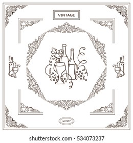 Vector set of vintage corners and frame. Ornamental vignette, arrows, label, square corners, restaurant menu or wine card decoration. Vine, grapes, bottles of wine, glass sketch elements. Sepia color