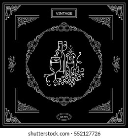 Vector set of vintage corners and frame. Ornamental vignette, arrows, label, square corners, restaurant menu or wine card decoration. Vine, grapes, bottles of wine, glass elements. Chalkboard style