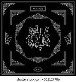 Vector set of vintage corners and frame. Ornamental vignette, arrows, label, square corners, restaurant menu or wine card decoration. Vine, grapes, bottles of wine, glass elements. Chalkboard style
