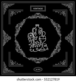 Vector set of vintage corners and frame. Ornamental vignette, arrows, label, square corners, restaurant menu or wine card decoration. Vine, grapes, bottles of wine, glass elements. Chalkboard style