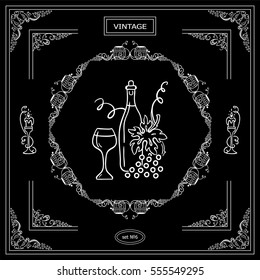 Vector set of vintage corners and frame. Ornamental vignette, arrows, label, square corners, restaurant menu or wine card decoration. Vine, grapes, bottles of wine, glass elements. Chalkboard style