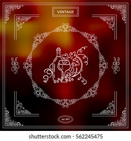 Vector set of vintage corners and frame. Ornamental vignette, arrows, label, square corners, restaurant menu or wine card decoration. Vine, grapes, bottles, glass elements. White line sketch