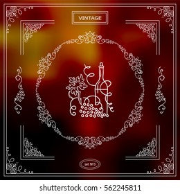 Vector set of vintage corners and frame. Ornamental vignette, arrows, label, square corners, restaurant menu or wine card decoration. Vine, grapes, bottles, glass elements. White line sketch